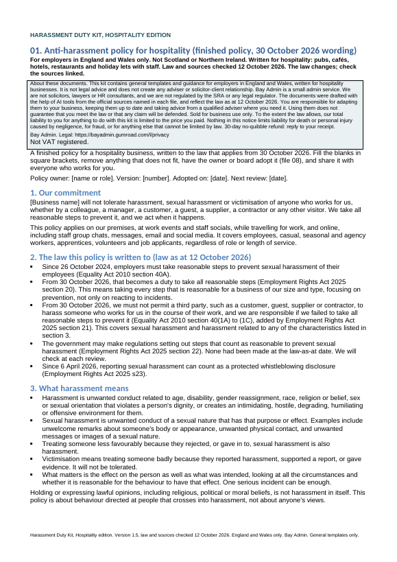 The harassment policy, ready to adopt