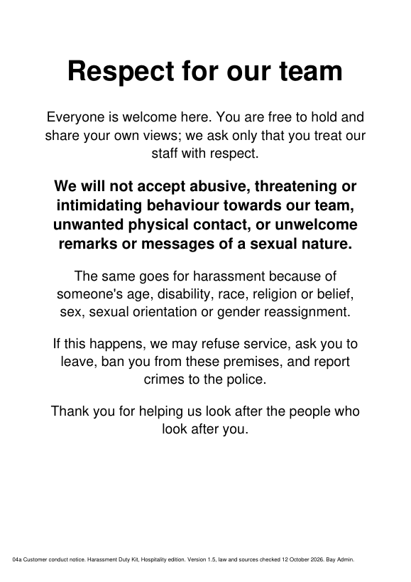 An A4 customer conduct notice to put up